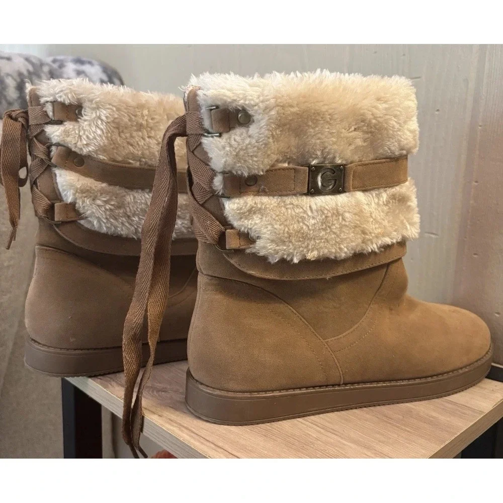 Women's G By Guess Faux Fur Strap‎ Booties Boots Size 10M Brown Suede Winter